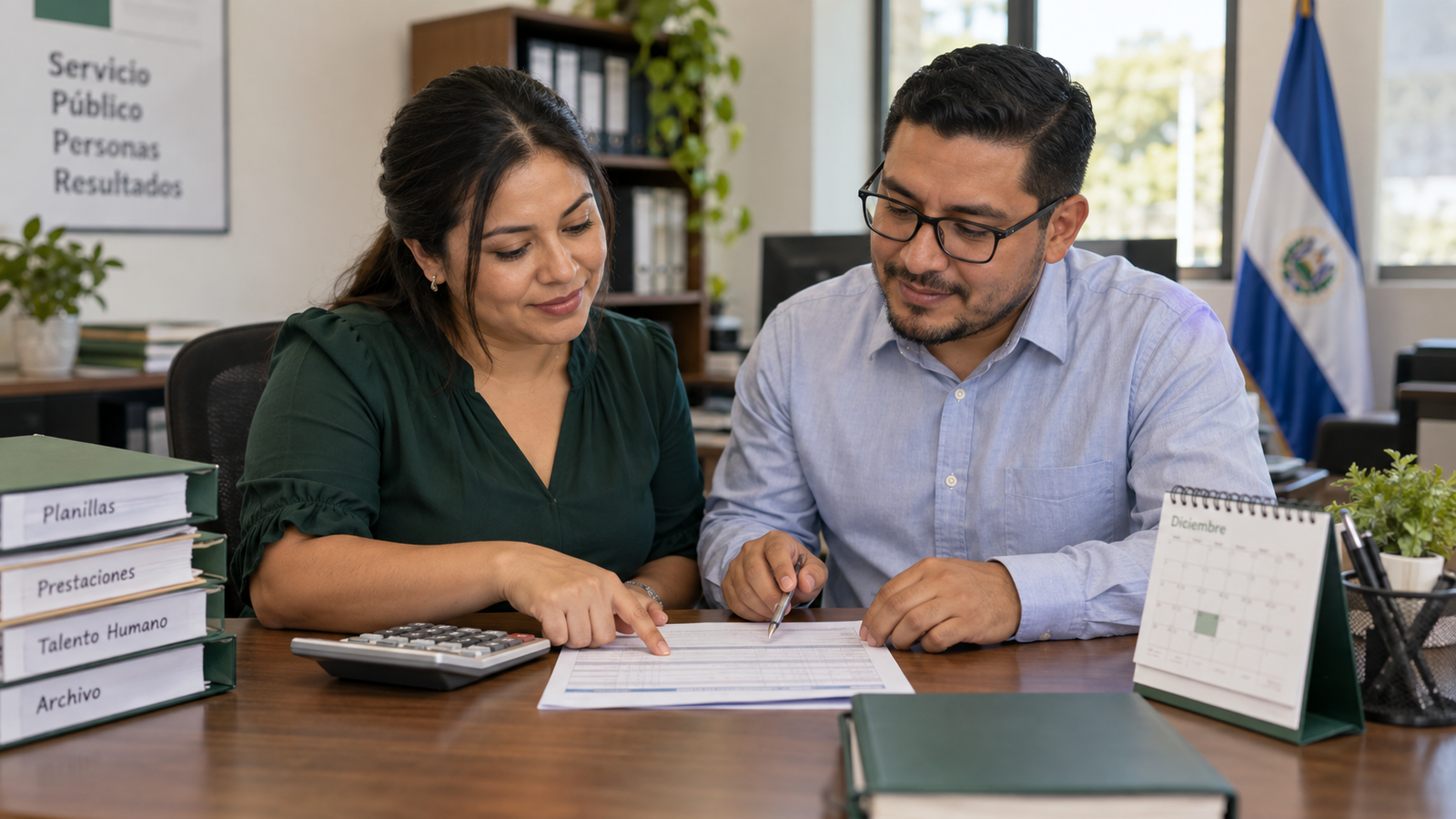 Empleados revisando la compensación adicional en una oficina pública de El Salvador